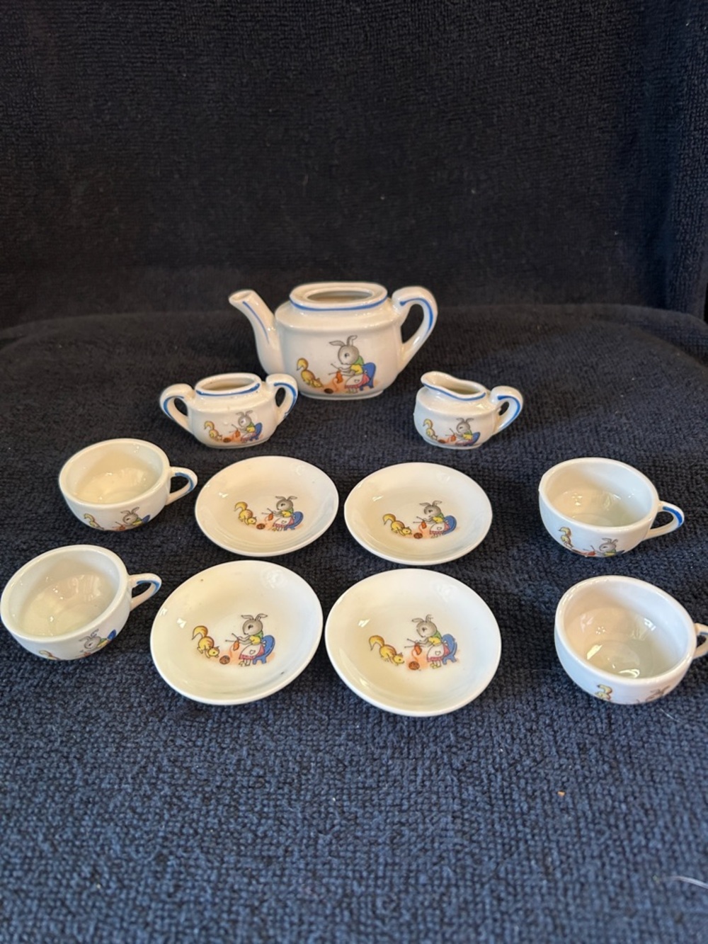 Vintage Miniature Porcelain 11 Piece Tea Set with Playful Rabbit Motif